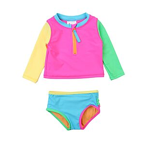 RuffleButts Baby/Toddler Girls Long Sleeve Rash Guard 2 Piece Swimsuit Set w/UPF 50+ Sun Protection with Zipper - Neon Color Block, 5 $24.99
