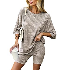 Ekouaer Pajamas 2 Piece Lounge Sets Ribbed Knit Matching Outfits T-shirt Biker Shorts Sleepwear $19.99