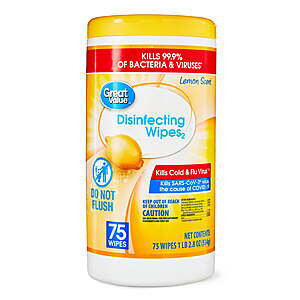 Great Value Lemon Scent Disinfecting Wipes, 1 Lbs, 5.5 oz, 75 Count $2.98