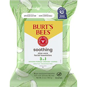 Burt's Bees, Aloe Vera Face Wipes, for Sensitive Skin, Soothing Makeup Remover & Facial Cleansing Towelettes, 30 Count (1 Pack) $8.99
