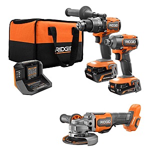 RIDGID 18V Brushless Cordless 2-Tool Combo Kit w/ (2) Batteries, Charger, Bag & 18V Brushless Angle Grinder $169