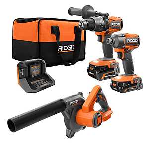 RIDGID 18V Brushless Cordless 2 Tool Combo Kit w/ Hammer Drill, Impact Driver, 2 max output Batteries, Charger, Bag & Compact Blower, $169, FS, Home depot