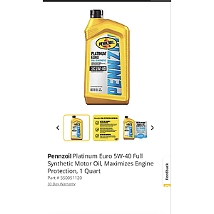Pennzoil Platinum Euro 5W-40 Full Synthetic Motor Oil, Maximizes Engine Protection, 1 Quart $5.65
