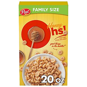 2 x 20 oz Honey Ohs! Cereal, Crunchy Sweetened Corn, Oats and Rice Os, Family Size Breakfast , $7.74 or less