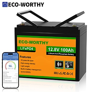 ECO-WORTHY 12V 100AH LiFePO4 Battery Bluetooth Low Temp Protection for RV Camping Solar $107.80 + Free Shipping