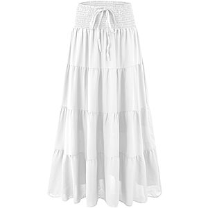 MJBGSHOW Womens Ruffle Maxi Skirts:High-Waist Elastic Pleated Long Skirt-Summer Casual Boho Flowy Skirts with Drawstring White M $17.99