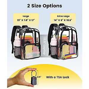 Vorspack Heavy Duty Clear Backpack with a TSA Lock - Large Clear Bookbag for Girls, Boys, Transparent See Through Backpack for School, College, Work, Festival - Black $19.99
