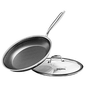 XBM Nonstick Frying Pan with Lid 12-Inch, Durable Stainless Steel Skillet, PFOA-Free Scratch-Proof, Dishwasher & Oven Safe, Stay-Cool Handle, Silver Kitchen Cookware $39.98