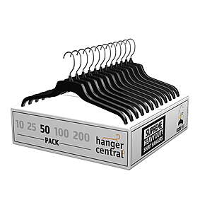 50-Pack Hanger Central 17" Non-Slip Plastic Clothing Hangers w/ Swivel Hook (Black) $11.98 + Free Shipping w/ Walmart+ or on $35+