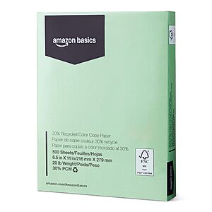 Amazon Basics 500 Sheets 30% Recycled Color Copy Paper, 8.5" x 11", 20lb, Pastel Green $8.99 + Free S&H w/ Prime or $35+