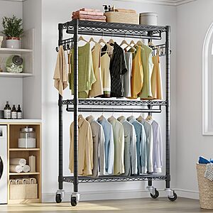 VIPEK R2 Clothes Rack Heavy Duty Clothing Rack for Hanging Clothes, Rolling Garment Rack Adjustable Closet Racks with Double Rods & Hooks Black $54.99