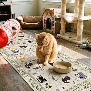 Amazon Flash Deal: 2' x 5' Puino Stain Resistant Washable Non Slip Low Pile Runner Rug (Beige Cat Print) $7.93 + Free Shipping w/ Prime or on $35+