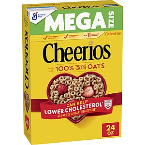 save $1.86 on TWO Boxes Cheerios, Heart Healthy Gluten Free Breakfast Cereal, Mega Size, 24 oz S&S MultiBuy