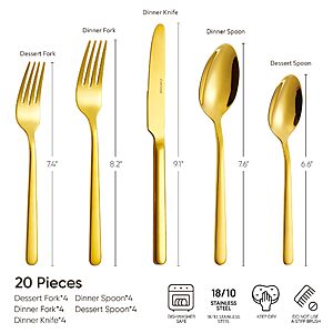 CAROTE 20 Piece Silverware Set, 18/10 Stainless Steel Utensil Set with Spoons and Forks, Flatware Sets for 4, Gold $19.99