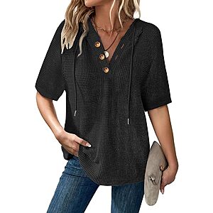 Dimur Women's Waffle Knit Short Sleeve Hooded Pullover Sweatshirt (Various) $6.39 + Free Shipping w/ Prime or on $35+