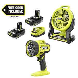 Ryobi ONE+ 18V Cordless Hybrid 7.5 in. Fan Kit w/ (2) 2Ah Batteries, Charger, w/ FREE ONE+ 18V Cordless LED Spotlight $129