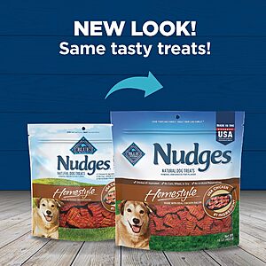$100.32 FS Amazon, get $30 Amazon Credit: Pack of 8 Blue Buffalo Nudges Homestyle Natural Dog Treats Chicken and Bacon, 16-oz Bag