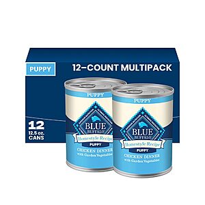 $81.15 S&S, Clip Q, get $30 AMZ CREDIT: 36 x 12.5oz Cans Blue Buffalo Homestyle Recipe Chicken Dinner with Garden Vegetables Paté Natural Puppy Wet Dog Food