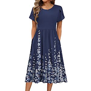 HOTOUCH Women's Summer Long Dress Short Sleeve Aline Flowy Dresses Flroal Beach Sundress Casual Crewneck Loose Midi Shift Dress Resort Wear Outfits $19.99