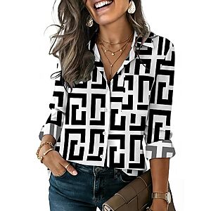 HOTOUCH Business Casual Tops for Women Summer Clothes Long Sleeve Blouse Print Button Down Shirts V Neck Work Clothes Black White S $13.49