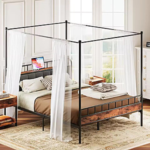LIKIMIO Canopy Bed Frame w/Headboard Shelf, Charging Station, Removable Posts; free S&H; $132.11