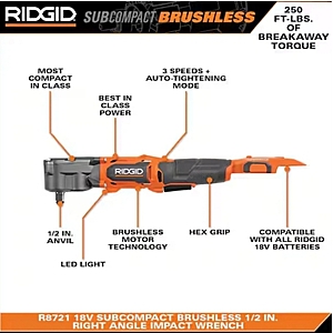Ridgid 18V SubCompact Brushless 1/2 in. Right Angle Impact Wrench $95 + $15 Shipping at Direct Tools Outlet