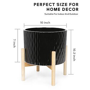 LaDoVita Ceramic Plant Pot with Stand, 10 Inch Planter with Wood Shelf, Modern Round Flower Pots Indoor with Wood Planter Holder, Black Water Ripple Pattern $26.59