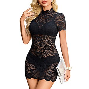Avidlove Women Short Sleeve Mock Neck Lace Mini Dress Sexy Sheer See Through Cocktail Party Club Dresses Lingerie Sleepwear Nightgown Bedroom Outfit Black $6.99