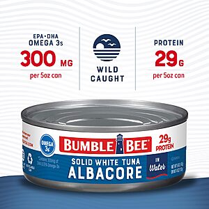 $23.47 or less S&S-Clip Q AMZ Bumble Bee Solid White Albacore Tuna in Water, 5 oz Can (Pack of 24) or Pack of 8 at similar per can cost