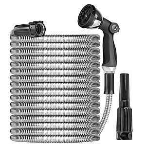 Ainpota Metal Garden Hose Water Hose 100ft Heavy Duty Stainless Steel Water Pipe with Sprayer & Nozzle Flexible Lightweight Hose No Kink Pet Proof Hose for Yard $37.99