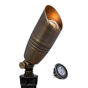 Prime Members: (1-Pack) MALORY Brass Landscape Spotlights with MR16 Bulb (S02), 5W 2700K, PVC Ground Stake and Wire Connector Included $14.84