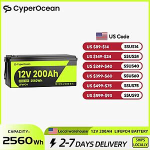 CyperOcean 12V 200Ah LiFePO4 Battery 200A BMS 2560Wh for RV Marine & Off-Grid $182 + Free Shipping