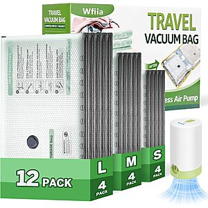 12-Pack Wfiia Vacuum Storage Bags for Travel w/ Rechargeable Air Pump (3 Sizes) $13.67 + Free Shipping w/ Prime or on $35+