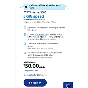 AT&T Fiber 5GB for $50 with $200 gift card and Rayban -Meta Gen 2 glasses