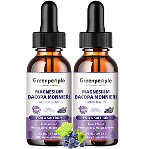 GREENPEOPLE (2 Pack) Magnesium Glycinate Liquid Drops - 4-in-1 High Absorption Liquid Magnesium for Sleep W/Saffron, GABA& Bacopa 2fl Oz $13.17