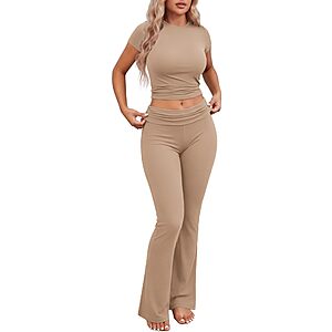 Ekouaer Women 2 Piece Pajama Set Short Sleeve Crop Top Foldover Flare Pant $10.99