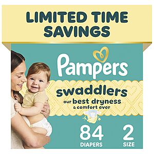 Pampers Swaddlers Diapers, Size S2 (10-22 lbs), 84 Count, Absorbent, Keeps Baby Dry and Comfortable, Pediatrician Recommended~$23.69 With S&S @ Amazon