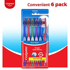 $3.99 S&S CLIP Q Colgate Extra Clean Toothbrush, Medium Toothbrush for Adults, 6 Pack AMAZON