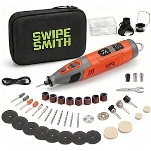 SWIPESMITH 12V Brushless Cordless Rotary Tool Kit w/ LCD Display, 8000-32000 RPM, 2.5Ah Battery & 40 Accessories (Dark Orange) $29.99 + Free Shipping w/ Prime or on $35+