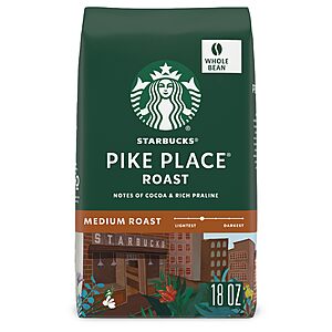 $9.10 AC Starbucks Whole Bean Coffee, Medium Roast Coffee, Pike Place Roast, 100% Arabica, 1 bag (18 oz)