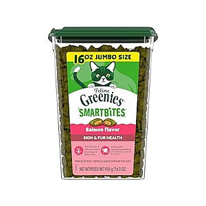 Greenies Cat Treats, Feline Smartbites, Skin & Fur Health, Crunchy and Soft Cat Treats, Salmon Flavor, 16 oz. Tub,  $9.99 + Free S&H w/ Prime