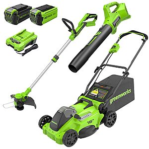 Greenworks 40V 16" Brushless Cordless (Push) Lawn Mower + Blower (350 CFM) + 13" String Trimmer (Bonus Spools) $377.55