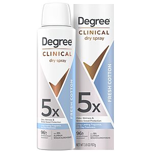 3.8-Oz Degree 96-Hour Fresh Cotton Dry Spray Antiperspirant $5.39 w/ S&S + Free Shipping w/ Prime or on $35+