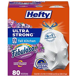 80-Ct 13-Gallon Hefty Ultra Strong Tall Kitchen Trash Bags (Fabuloso Lavender) $7.80 w/ Clip Q-S&S, 120ct Unscent $12.60