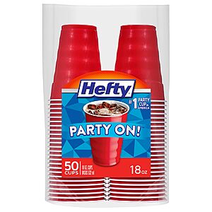 $3.82 or less S&S/Clip Q AMZ Hefty Party On Disposable Plastic Party Cups, 50 Count, 18 Oz Red Cups at Amazon