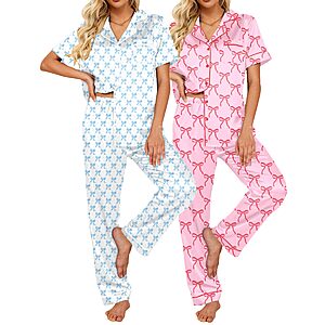 Ekouaer 2 Pack Silk Pajamas for Women Short Sleeve Button Down Satin Pajama Set for Women Soft Pjs Loungewear BlueBow/Pink Bow Small $42.99