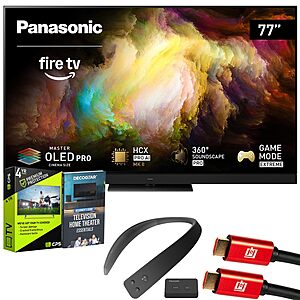 Panasonic Z8BAP 77 Inch OLED 4K Smart Fire TV, 144Hz TV-77Z8BAP Bundle with 4 YR CPS Enhanced Protection, WN10 Wireless TV Neck Speaker, HDMI Cable & Deco Gear HT Book $1377.49