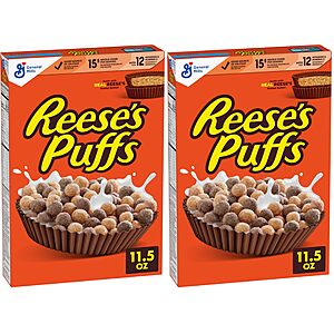 Reese's Puffs, Chocolatey Peanut Butter Cereal, 11.5 OZ Box (Pack of 2)~$4.26 With S&S @ Amazon