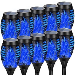 AOUNQ Solar Lights Outdoor, Upgraded 10 Pack Blue Solar Torch Light with Flickering Flame $22.99