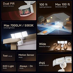 LEPOWER-TEC Outdoor Security Light 7000LM 240° 100ft Dual PIR Motion Sensor $29.99